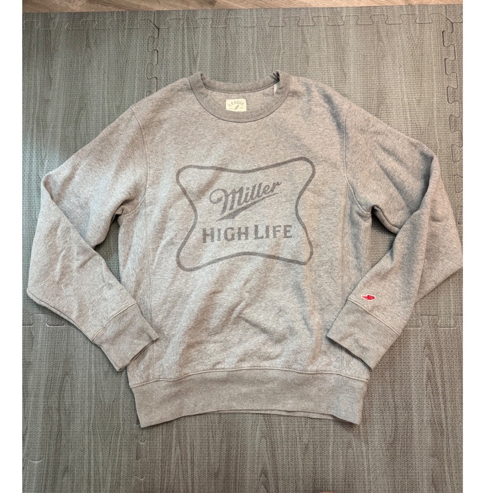 League Miller High Life Sweatshirt Gray Graphic Pullover Small Crew Neck Fleece‎